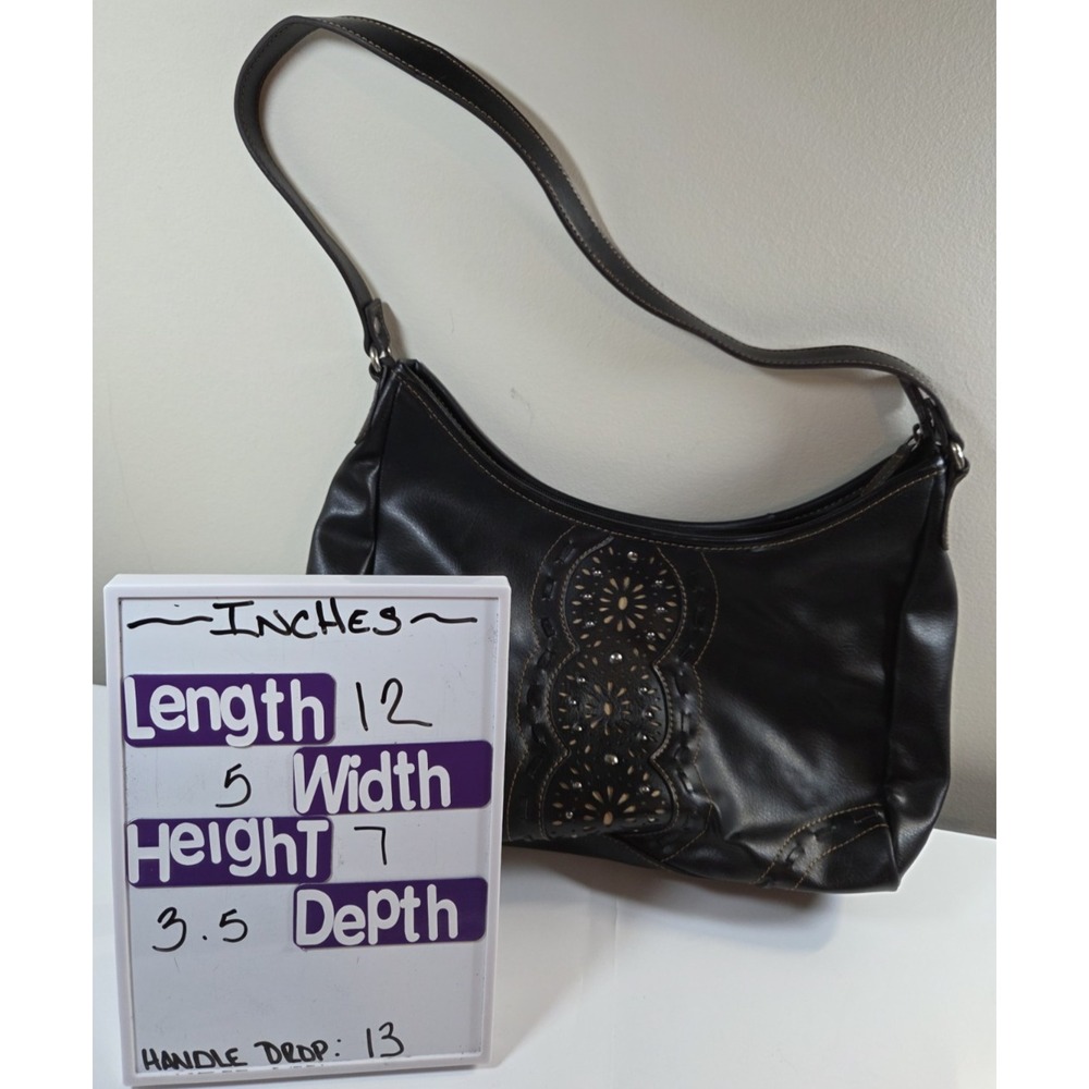 Relic Black Leather Purse w/ Laser Cutouts  Brown Stitching‎ Zipper Closure - Picture 2 of 15